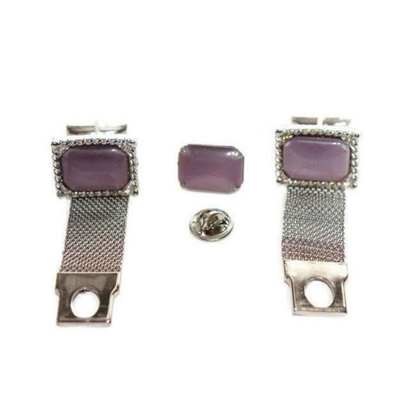 Cuff Links and Tie Tack Set Purple Lavender Satin Glass Silver Toned Boxed Set M - Picture 1 of 5